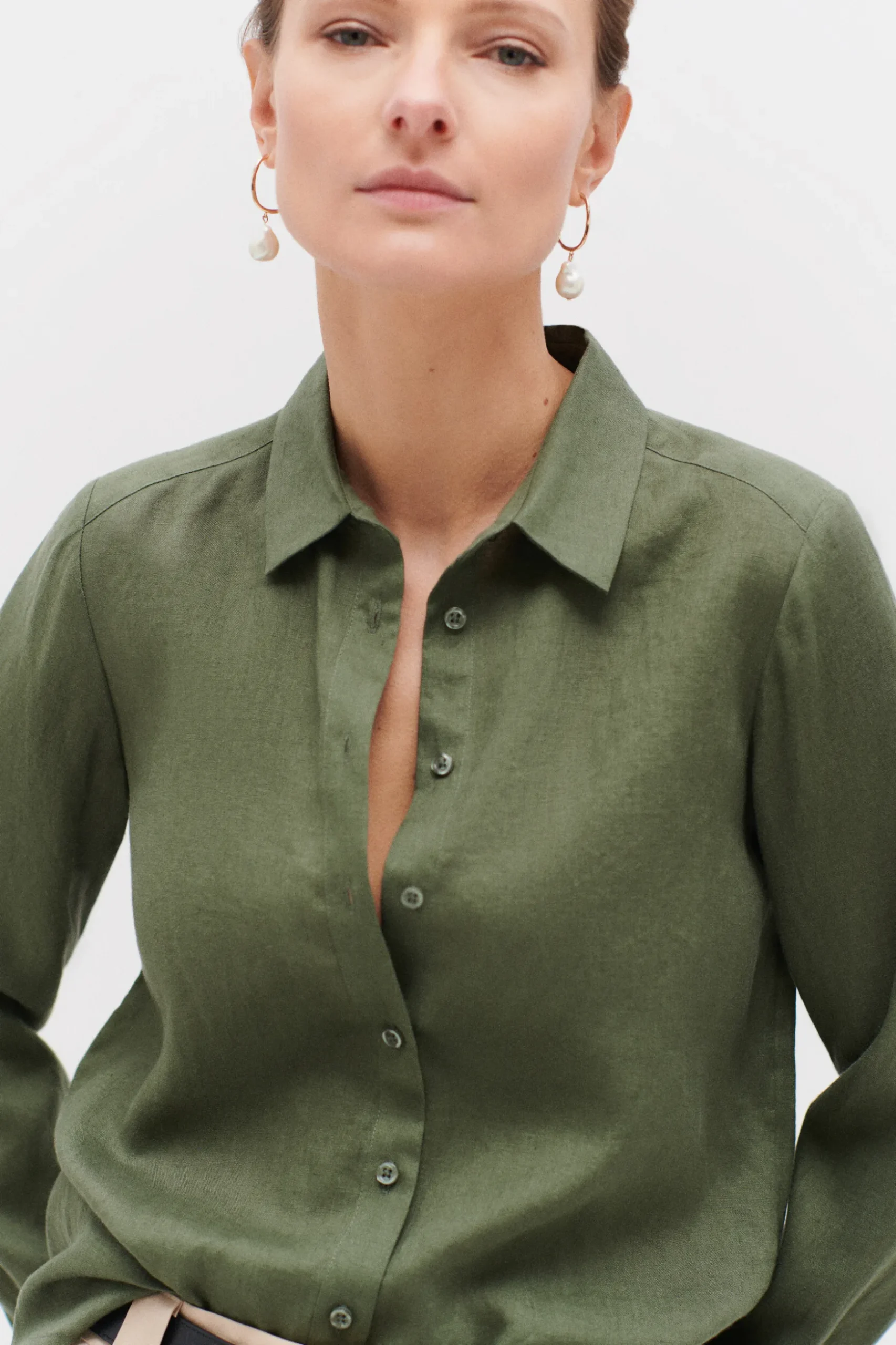 Hot Chemise Brenda 100% Lin Vert Kaki Femme Chemises