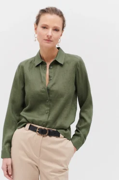 Hot Chemise Brenda 100% Lin Vert Kaki Femme Chemises