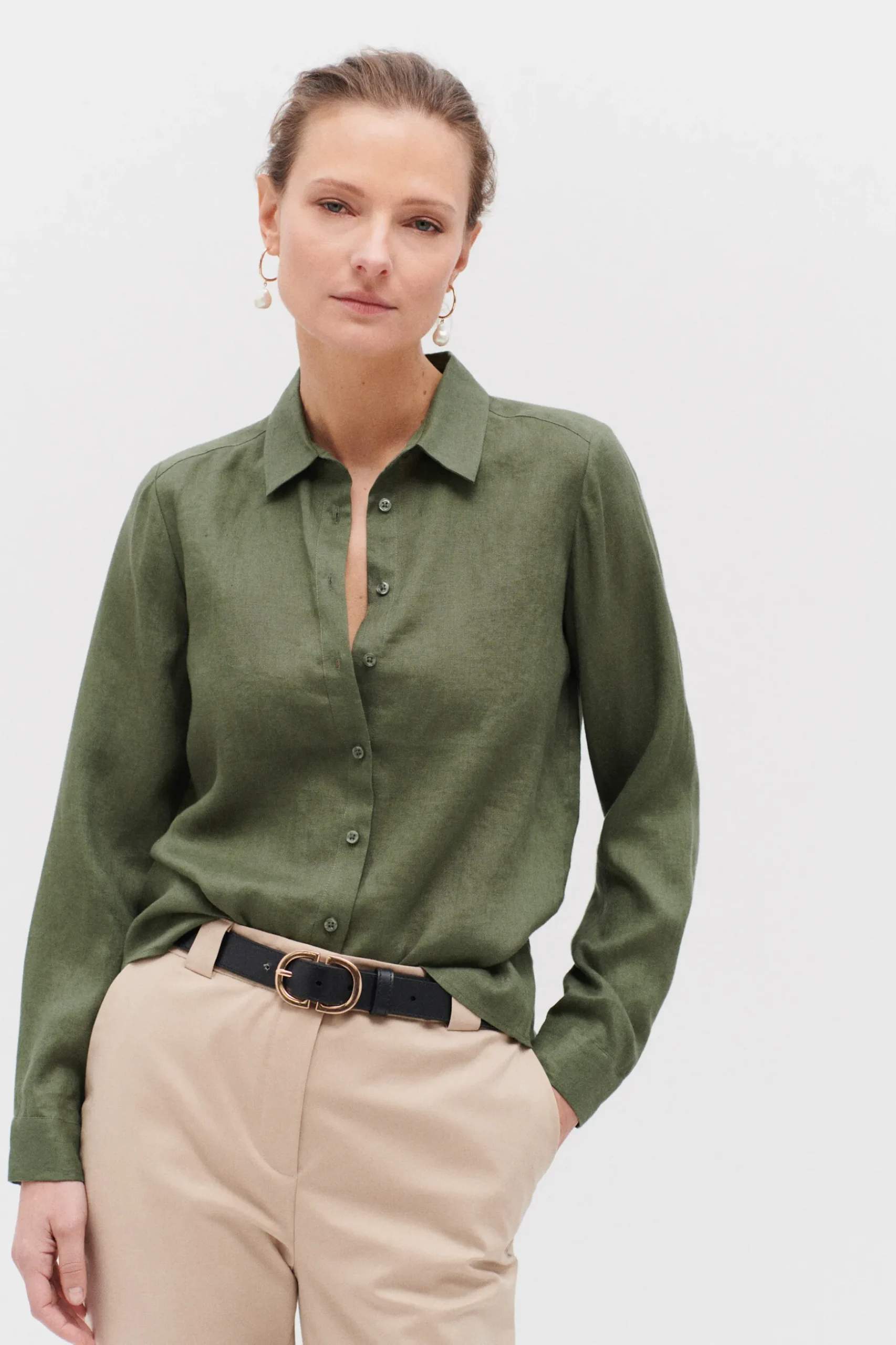 Hot Chemise Brenda 100% Lin Vert Kaki Femme Chemises