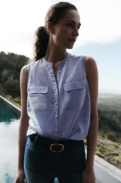 Fashion Chemise Chambray Rayee 100% Lin Femme Chemises