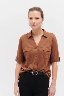 Online Chemise Estela 100% Lin Marron Cognac Femme Tops Et T-Shirts