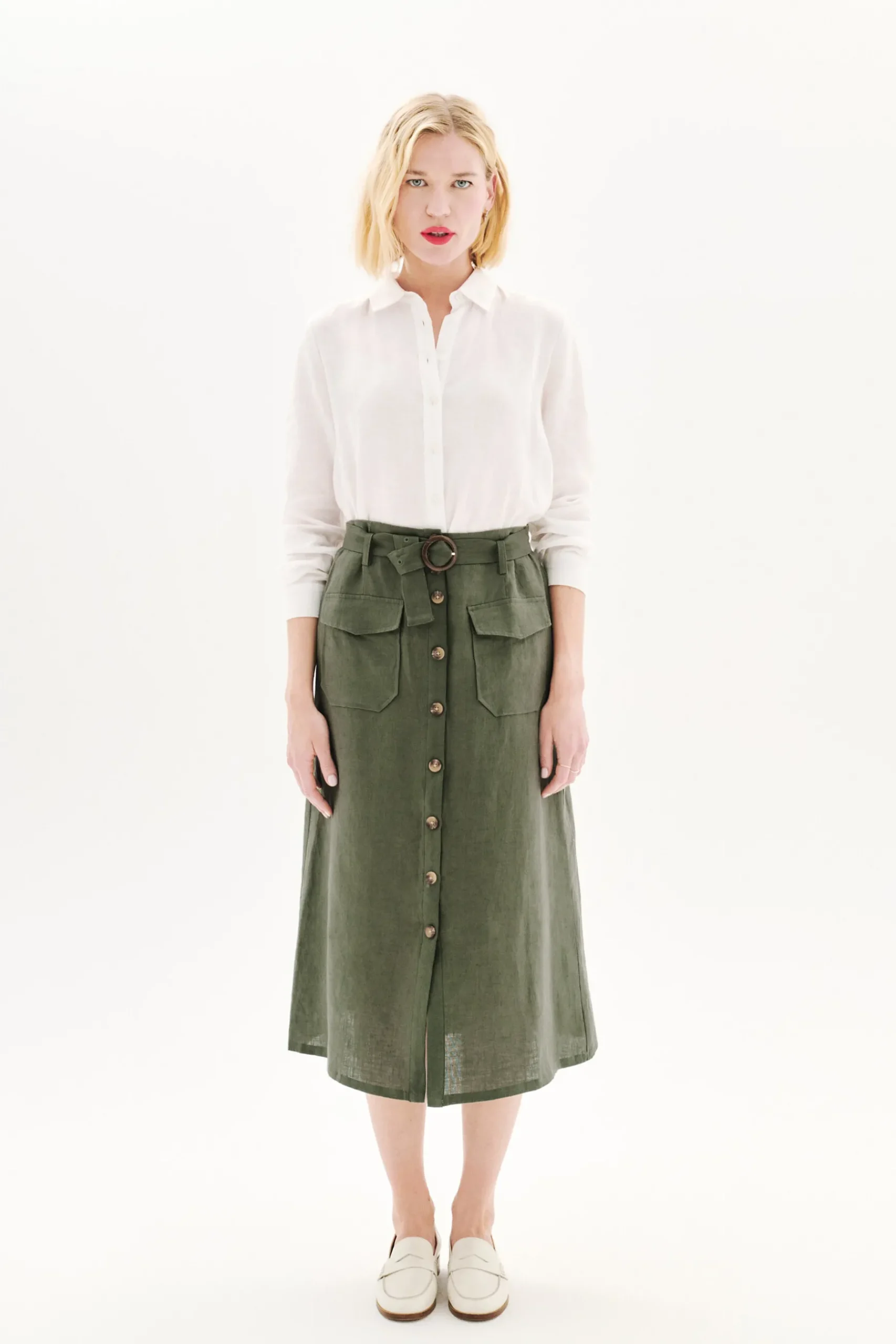 Fashion Jupe Agnes 100% Lin Vert Kaki Femme Jupes