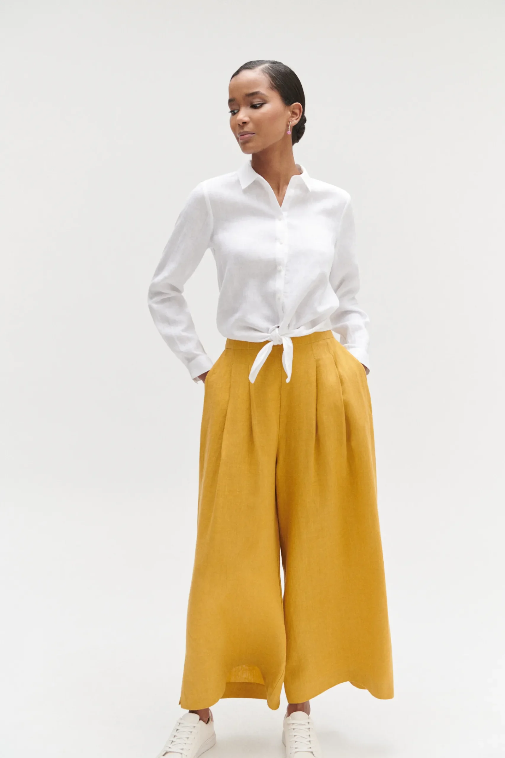 Flash Sale Pantalon Valvano Jupe-Culotte 100% Lin Jaune Or Femme Pantalons