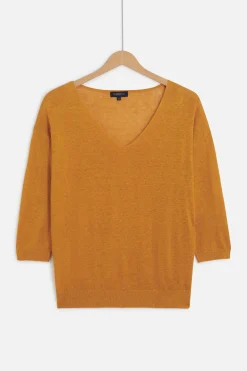 Cheap Pull Alicia Col V 100% Lin Jaune Moutarde Femme Pulls