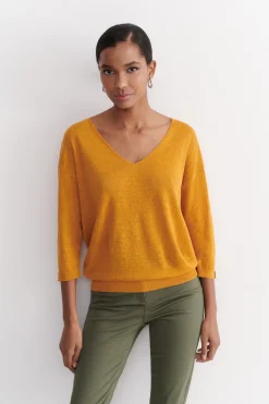 Cheap Pull Alicia Col V 100% Lin Jaune Moutarde Femme Pulls