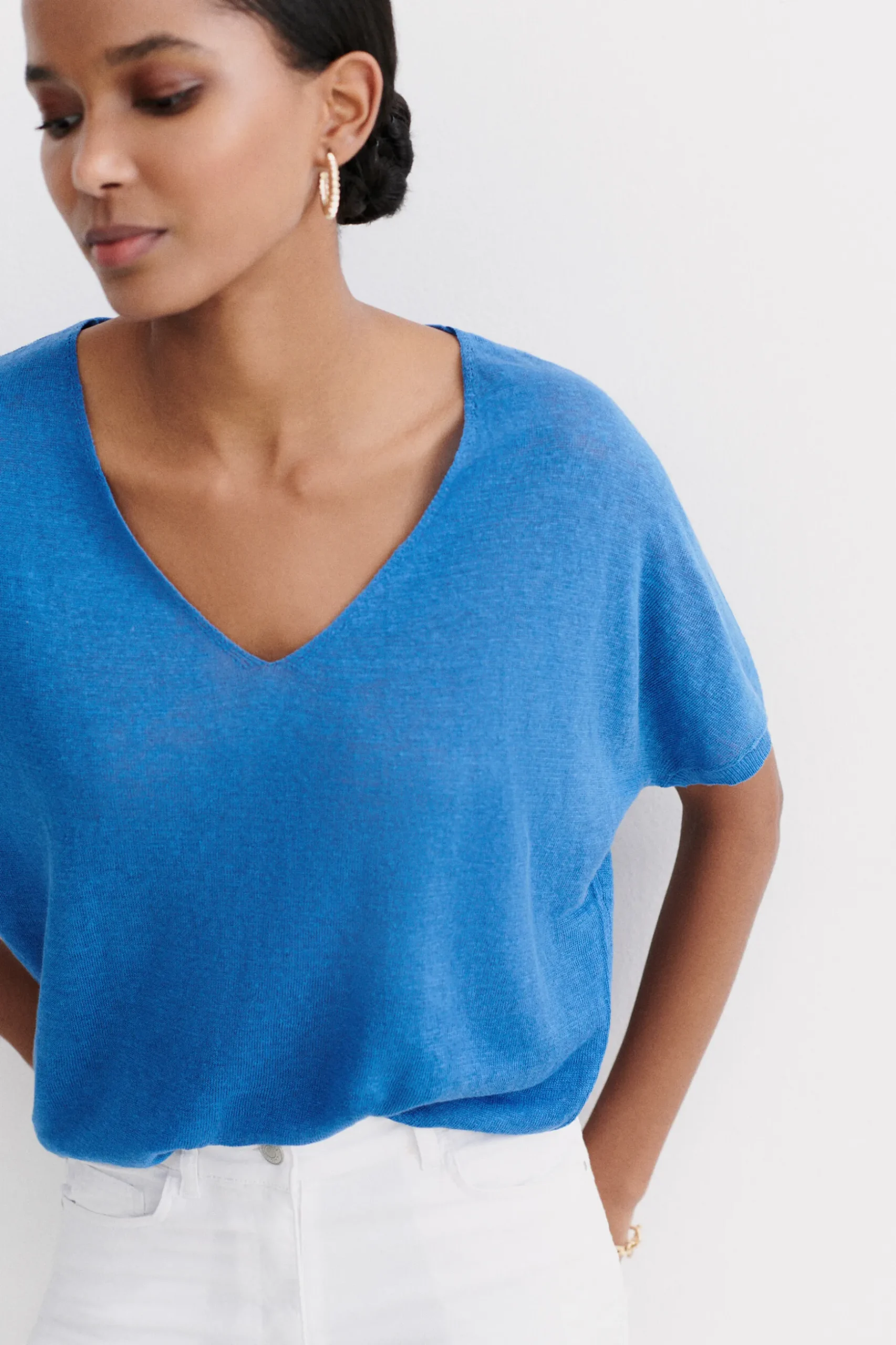Store Pull Milane 100% Lin Bleu Electrique Femme Pulls