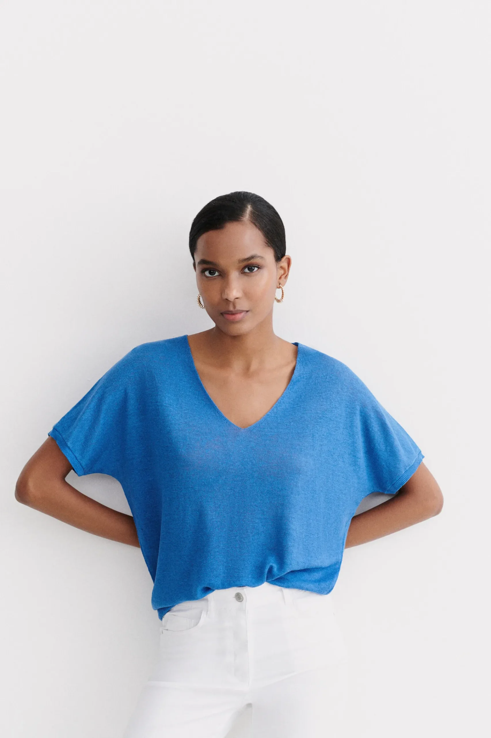 Store Pull Milane 100% Lin Bleu Electrique Femme Pulls