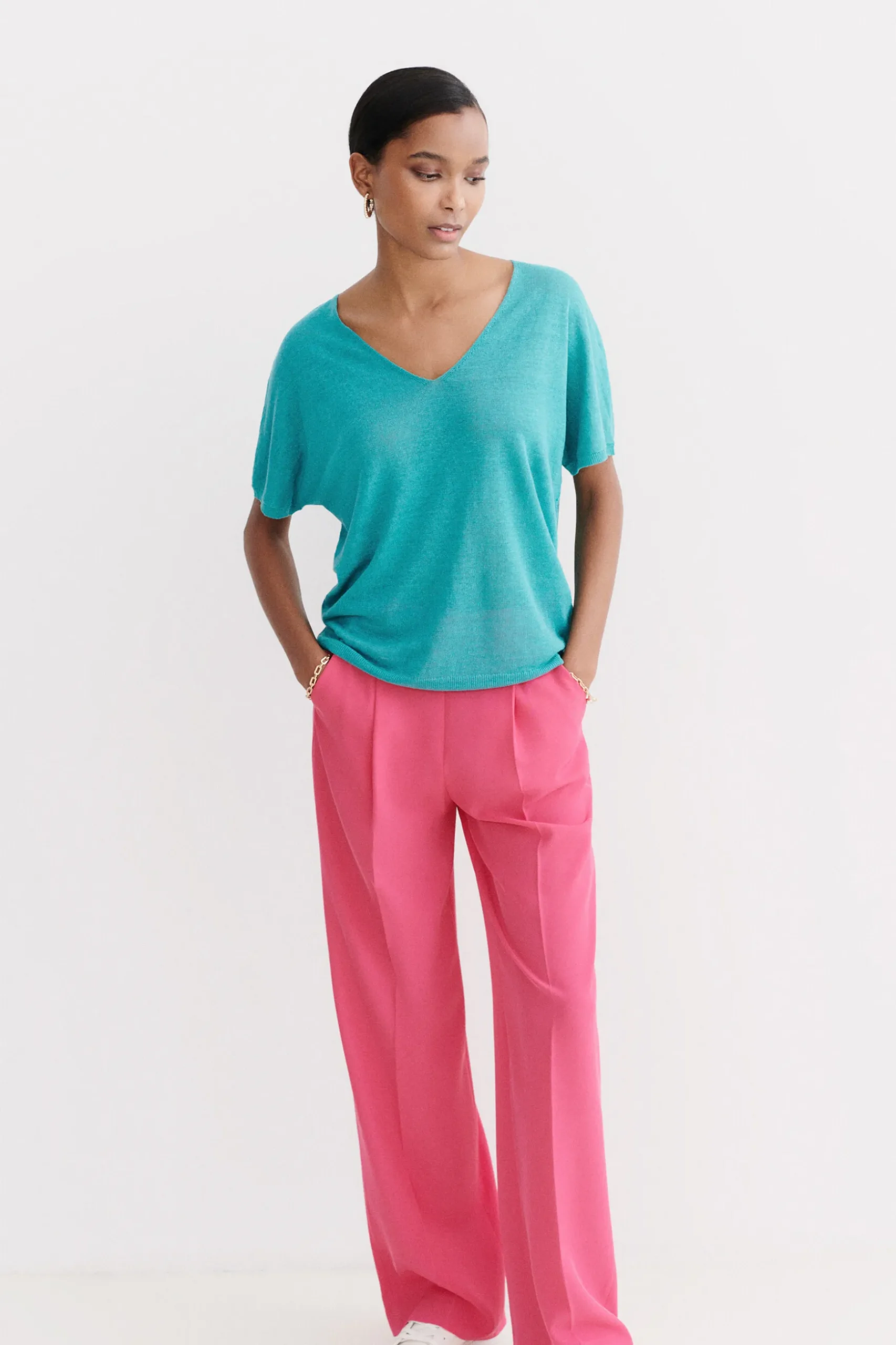 Store Pull Milane 100% Lin Vert Emeraude Femme Pulls