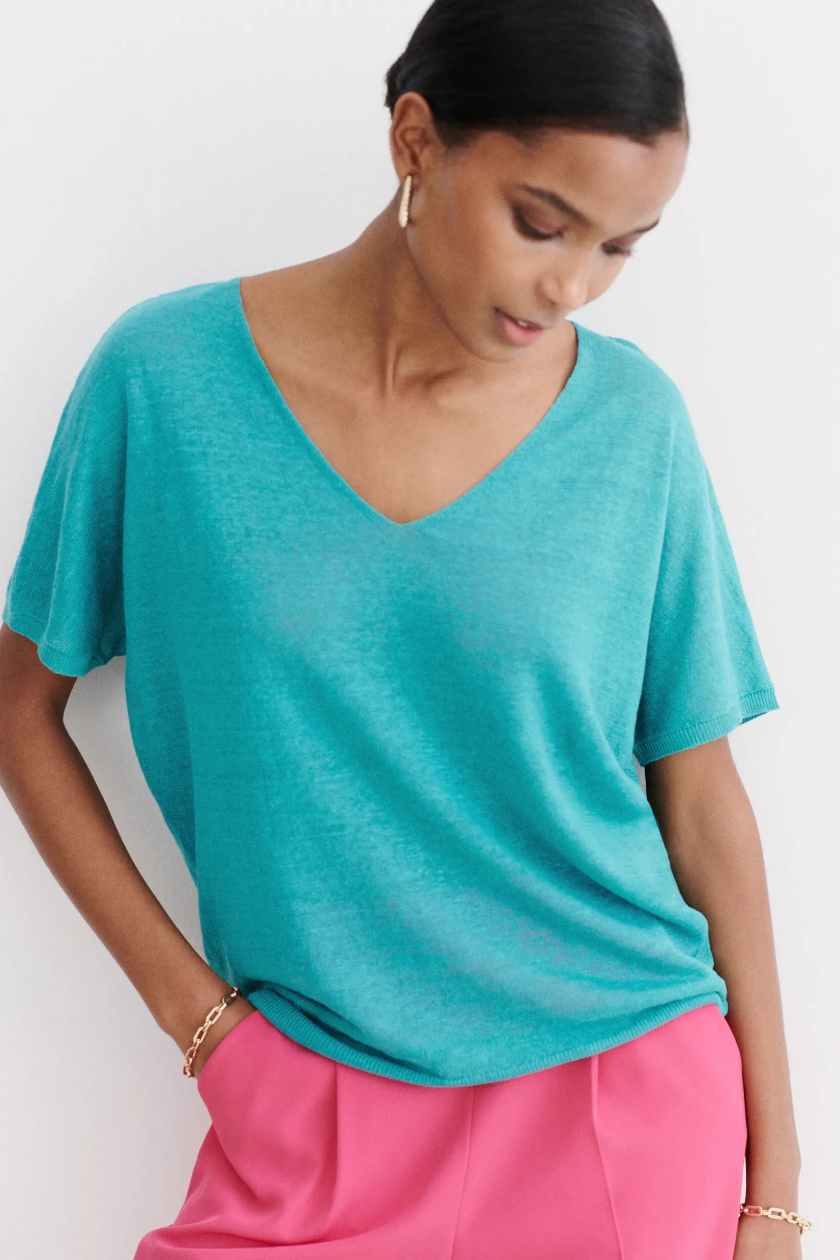 Store Pull Milane 100% Lin Vert Emeraude Femme Pulls