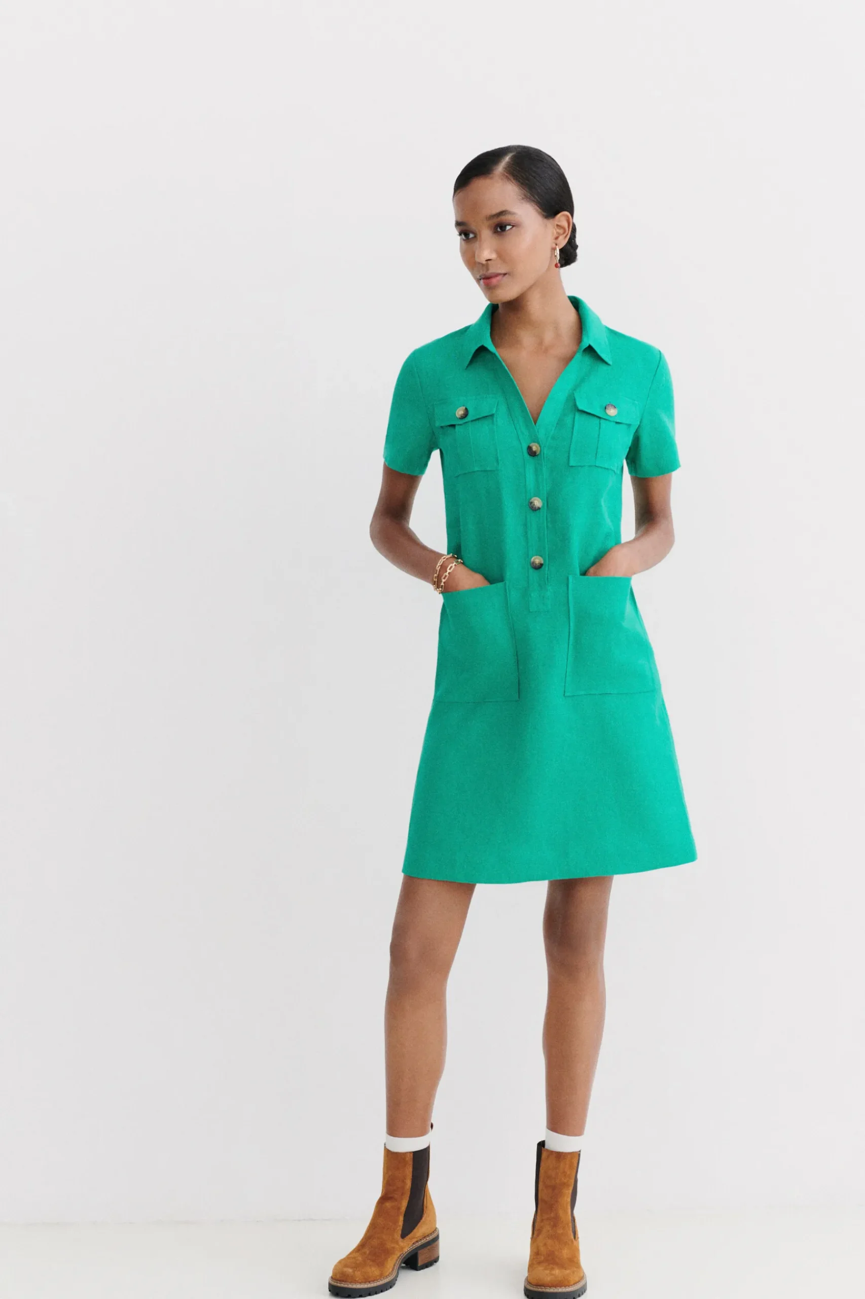 Store Robe Laure 100% Lin Vert Emeraude Femme Robes
