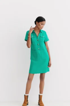Store Robe Laure 100% Lin Vert Emeraude Femme Robes