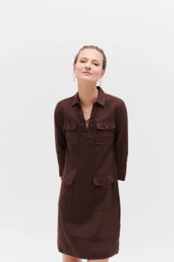 Best Sale Robe Meyer 100% Lin Marron Fonce Femme Robes