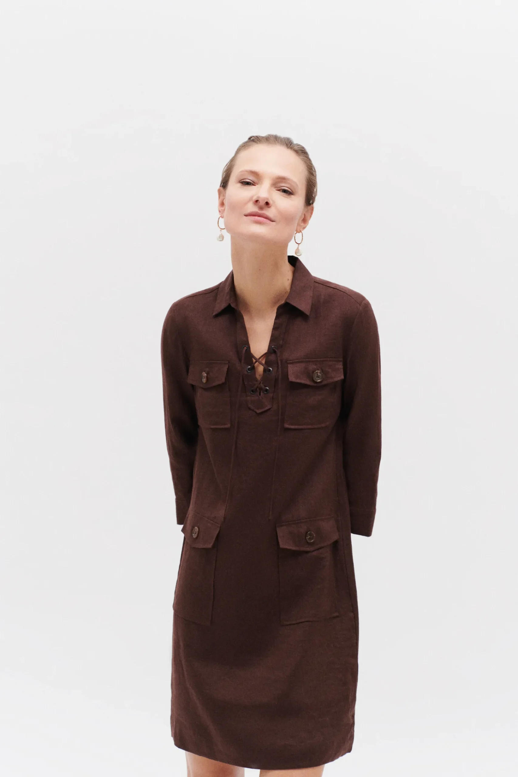 Best Sale Robe Meyer 100% Lin Marron Fonce Femme Robes