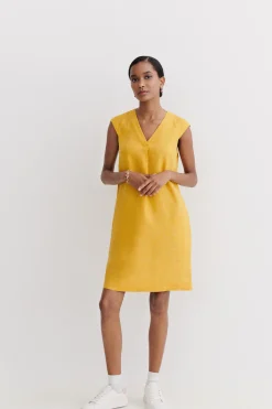 Outlet Robe Pamela 100% Lin Jaune Or Femme Robes