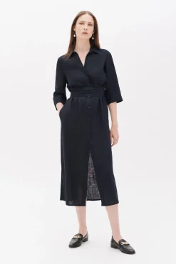 Sale Robe Yana 100% Lin Bleu Marine Femme Robes