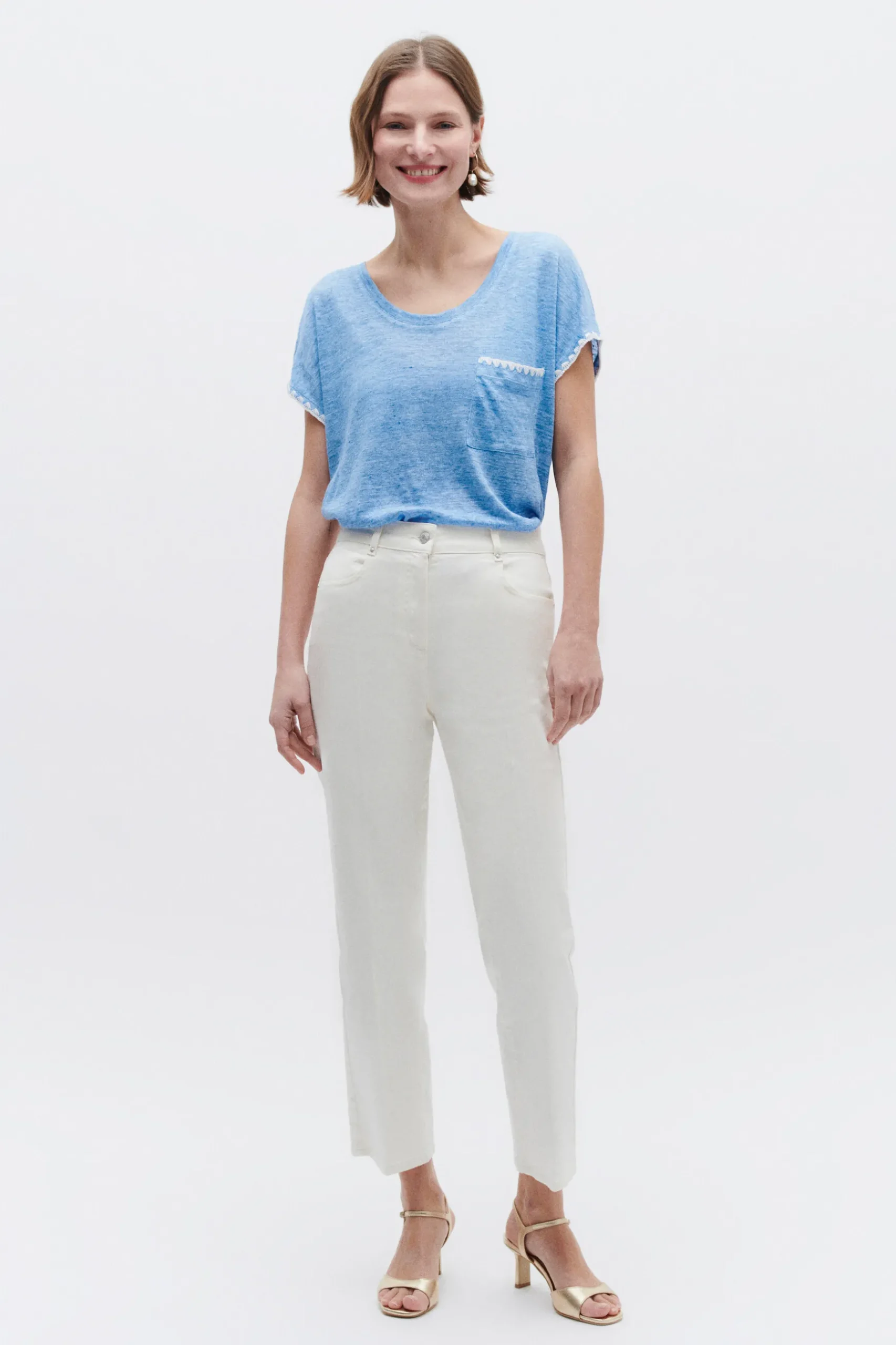 Store T-Shirt Evita 100% Lin Bleu Femme Tops Et T-Shirts